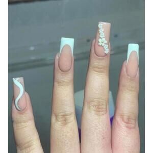 Medium square press on nails mint French tips flowers nude glitter handmade